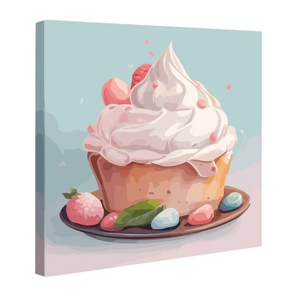 Bonito Cupcake Con Crema Batida Fresas Icono Aislado — Archivo Imágenes Vectoriales