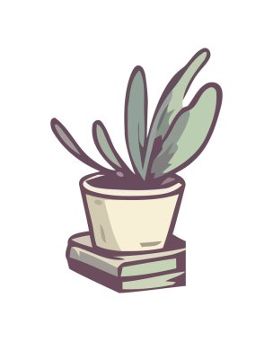 Çiçek saksısında taze bitki ve kitap simgesi izole