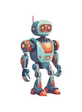 Gelecekçi sayborg oyuncağı izole edilmiş neşeli bir ikon gibi gülümsüyor.