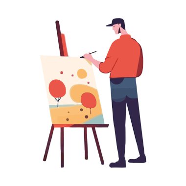 Profesyonel sanatçı elinde fırça tutuyor, resim sehpasında duruyor, izole edilmiş.