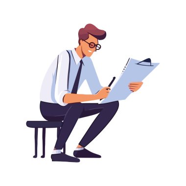 Başarılı bir iş adamı elinde bir simgeyle oturuyor.