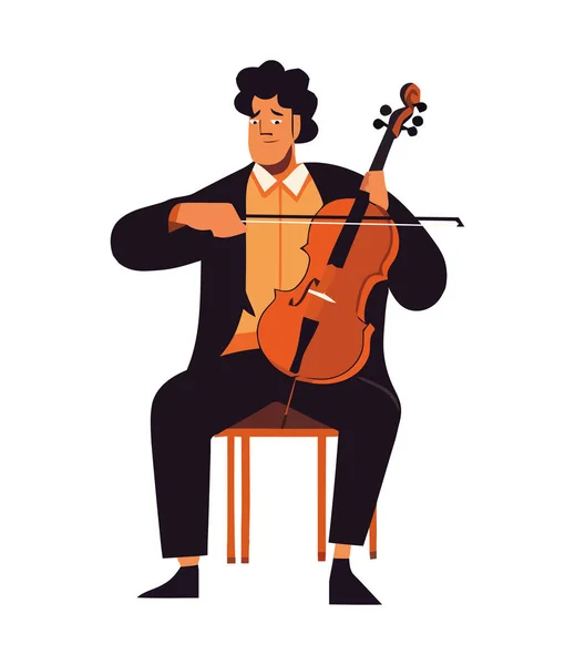 在孤立的舞台图标上演奏大提琴的古典音乐家 — 图库矢量图片