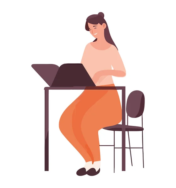 stock vector Businesswoman sitting at desk, laptop in hand icon isolated