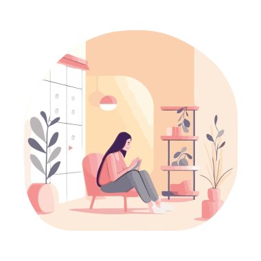 Çalışan kadın modern oturma odası ikonunda tek başına oturuyor.