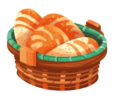 Hasır sepet vektör simgesinde taze organik ekmek izole edildi
