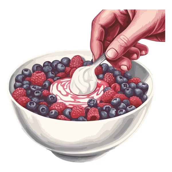 Tangan Memegang Mangkuk Ikon Yogurt Berry Segar Terisolasi - Stok Vektor