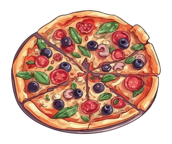 焼きたてのピザにモッツァレラとサラミのアイコンが分離 — ストックベクタ