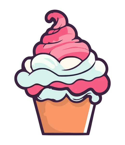 Bonitos Cupcakes Dibujos Animados Con Crema Batida Icono Hielo Aislado — Vector de stock
