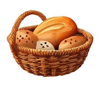 Hasır sepette taze organik ekmek, sağlıklı beslenme ikonu izole edilmiş.
