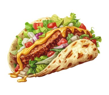 Izgara biftek taco ve taze guacamole ikonu izole edilmiş.