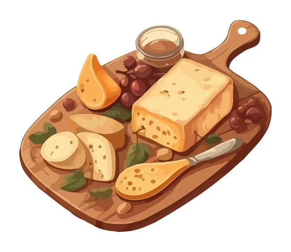 木制盘子图标上的新鲜有机奶酪被分离出来 — 图库矢量图片