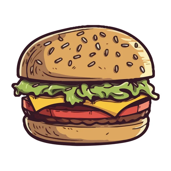 Croquis Hamburger Gastronomique Avec Pain Sésame Icône Fromage Isolé — Image vectorielle
