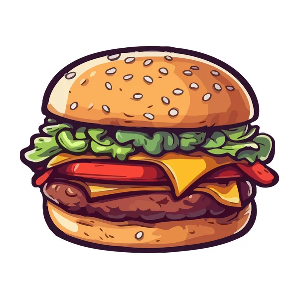 Gegrillter Cheeseburger Auf Sesambrötchen Mit Pommes Ikone — Stockvektor