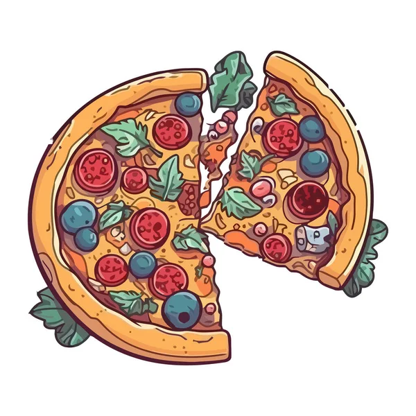 新鲜烘焙的比萨饼与莫扎瑞拉和腊肠图标隔离 — 图库矢量图片