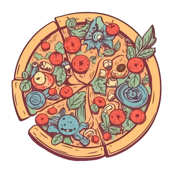 新煮的带有意大利面和腊肠图标的比萨饼 — 图库矢量图片