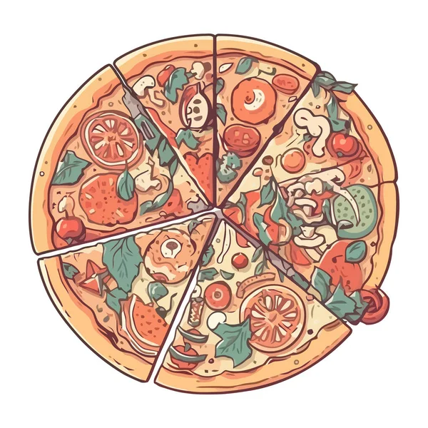肉と野菜のアイコンが孤立したおいしいグルメピザ — ストックベクタ