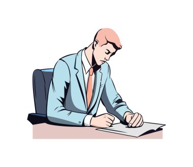 Genç işadamı masasında oturmuş, kağıt simgesi okuyor.