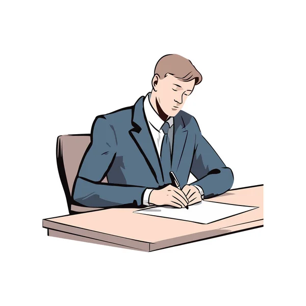 stock vector Young businessman reading book, sitting at desk icon isolated