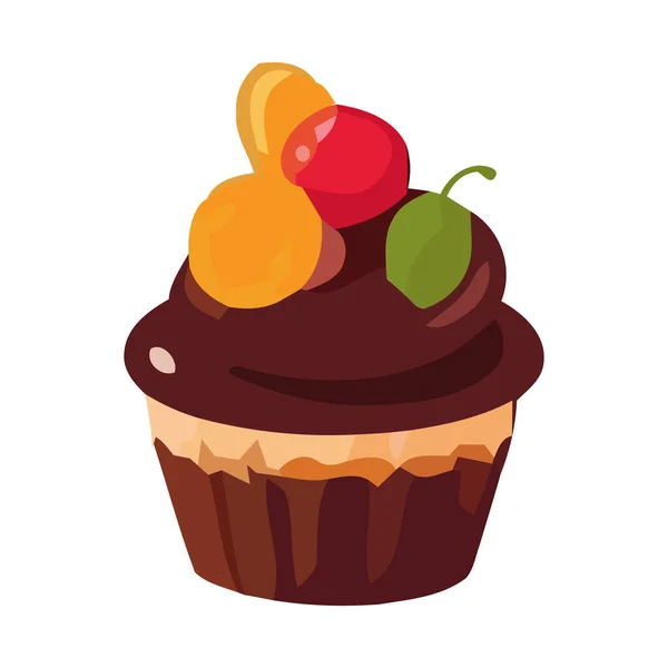 Γλυκό Cupcake Γκουρμέ Σοκολάτα Και Φρούτα Απομονωμένο — Διανυσματικό Αρχείο