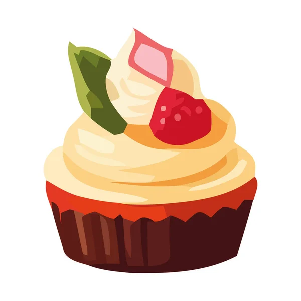甜纸杯蛋糕与奶油和浆果装饰图标隔离 — 图库矢量图片