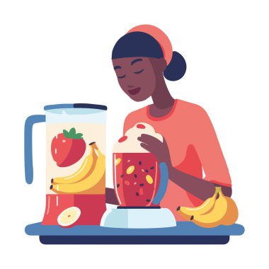 Bir karıştırıcı simgesinde taze meyve suyu hazırlayan kadın izole edilmiş.