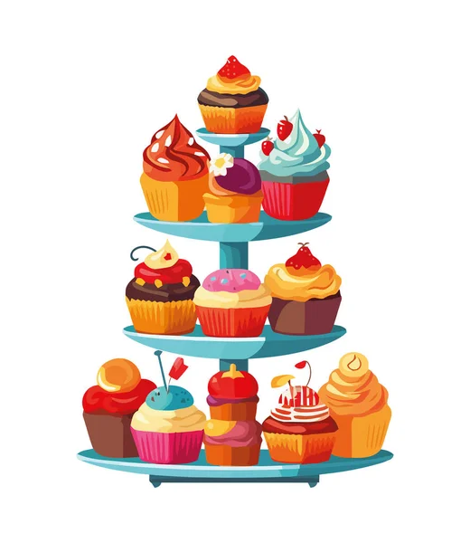 Roztomilé Cupcakes Čokoládovou Polevou Ozdobou Ikony Izolované — Stockový vektor