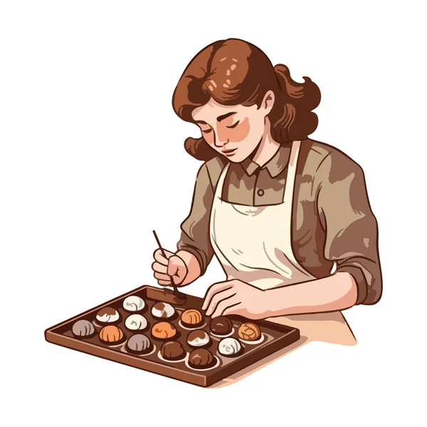 Fırıncı Kadın Yapımı Çikolatalı Kurabiye Ikonunu Izole Ediyor — Stok Vektör