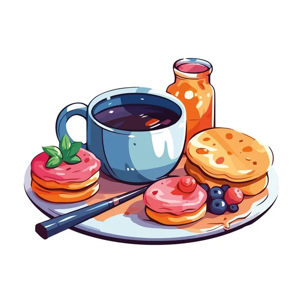 与甜点 水果和饮料图标隔离的美味早餐 — 图库矢量图片