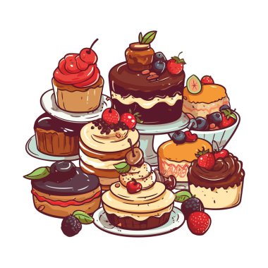 Çikolata süsleme ikonu izole edilmiş meyveli kekler.