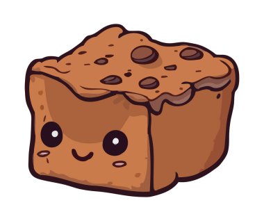 Şirin çizgi film maskotu, gurme çikolatalı pasta ikonu izole edilmiş.