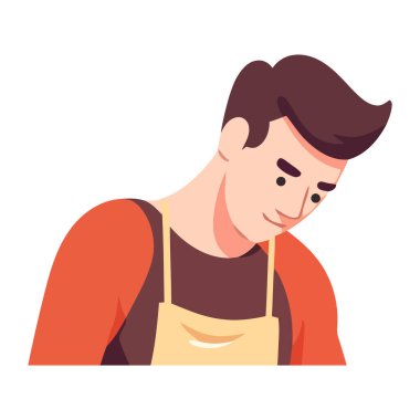 Gülümseyen şef önlükle ayakta duruyor, yemek ikonu pişiriyor...