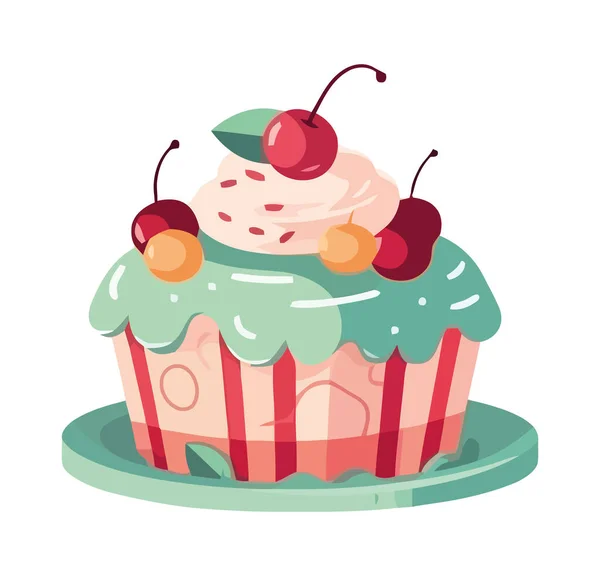 Χαριτωμένο Cupcake Διακόσμηση Φρούτων Μούρων Και Παγωμένη Εικόνα Απομονωμένη — Διανυσματικό Αρχείο