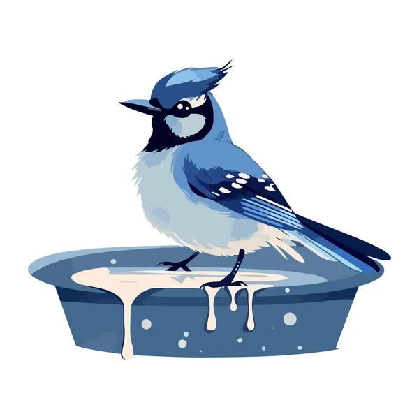 Χαριτωμένο Μπλε Jay Σκαρφαλώνει Στο Νερό Κουβά Εικονίδιο Απομονωμένο — Διανυσματικό Αρχείο