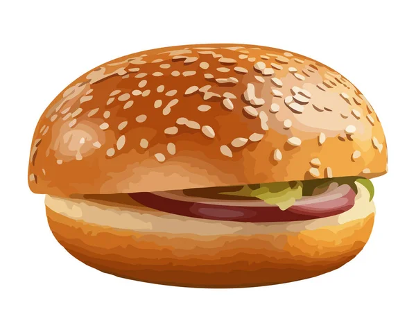 Burger Fromage Grillé Sur Pain Sésame Avec Icône Tomate Isolé — Image vectorielle