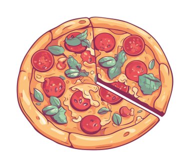 Mozzarella, salam ve pizza dilimi ikonu izole edilmiş.