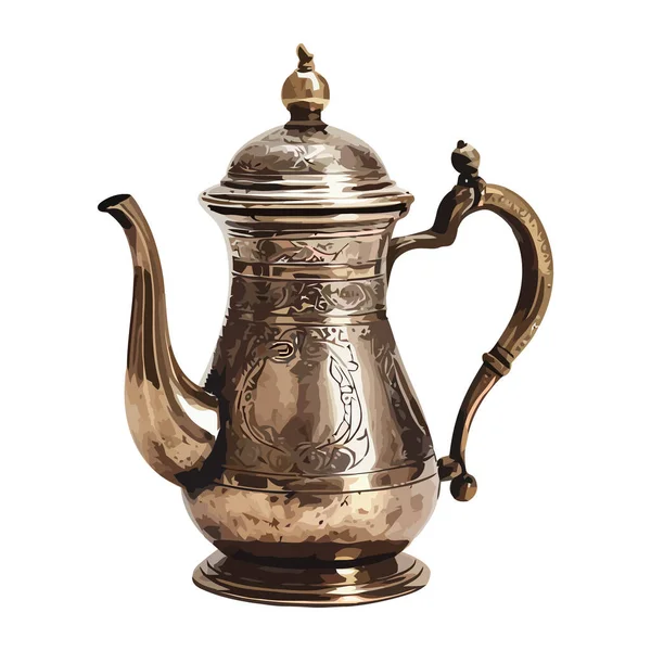 精美的古董茶壶 铜柄和装饰图标隔离 — 图库矢量图片