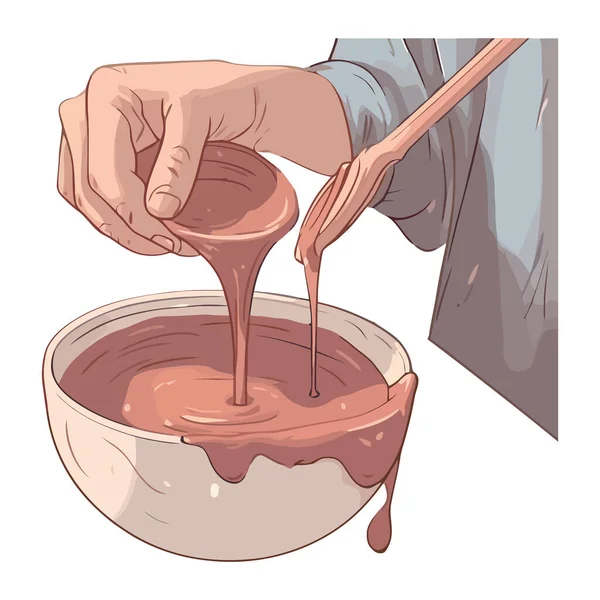 シェフの手は 孤立したグルメデザートのアイコンにチョコレートを注ぐ — ストックベクタ