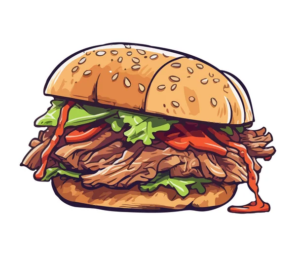 Burger Fromage Grillé Sur Pain Sésame Avec Icône Frites Isolé — Image vectorielle