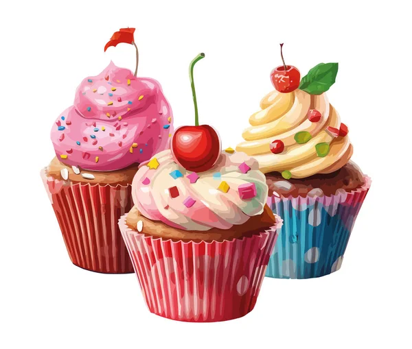 Mehrfarbige Cupcakes Mit Erdbeerglasur Symbol Isoliert — Stockvektor