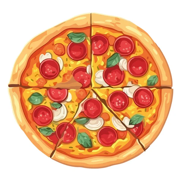 与新鲜蔬菜和肉类图标隔离的美食披萨餐 — 图库矢量图片