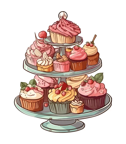 Sweet Baked Cupcakes Cute Celebration Illustration Icon Isolated — Stock Vector