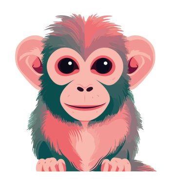 Tatlı maymun maskotu, tropikal yağmur ormanı ikonunda izole bir şekilde oturuyor.