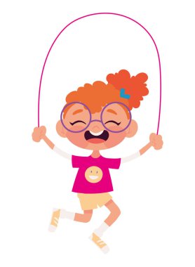 İp atlama simgesi ile oynayan kız izole edilmiş beyaz arkaplan