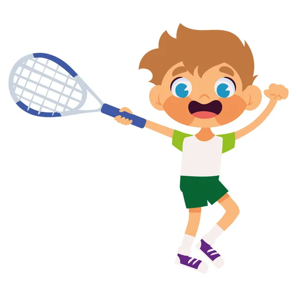 Garçon Jouer Avec Raquette Tennis Icône Isolé Fond Blanc — Image vectorielle