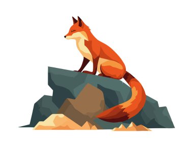 Kaya simgesinin üzerinde oturan tilki resmi izole edildi