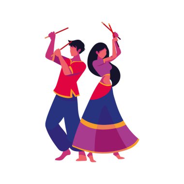 Kostüm giymiş Navratri dansçıları izole edilmiş ikon