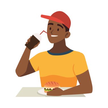 Hamburger ve soda yiyen adam izole edilmiş.