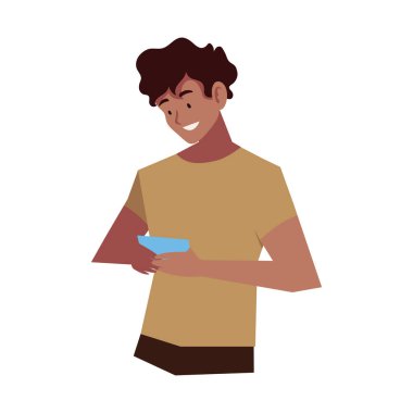 Akıllı telefon illüstrasyonu kullanan genç adam izole edildi