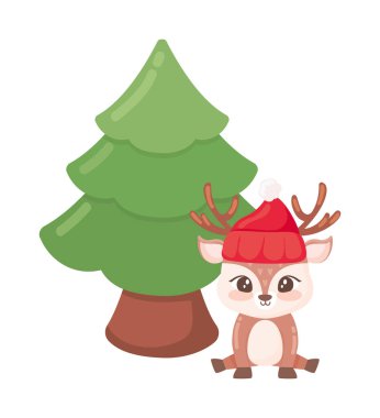 Noel geyiği ve ağaç çizimi izole edilmiş.