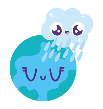 Su günü gezegeni ve yağmurlu bulut kawaii illüstrasyonu